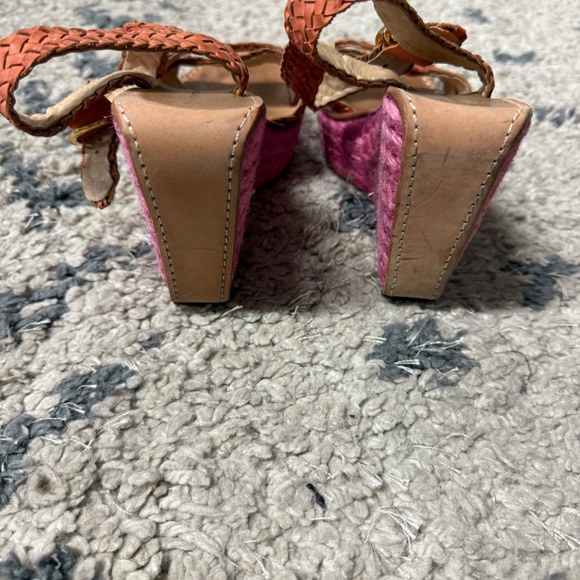 Diane von Furstenberg Pink Woven Wedge Orange Leather Straps Sandals Size 7M - Picture 7 of 10